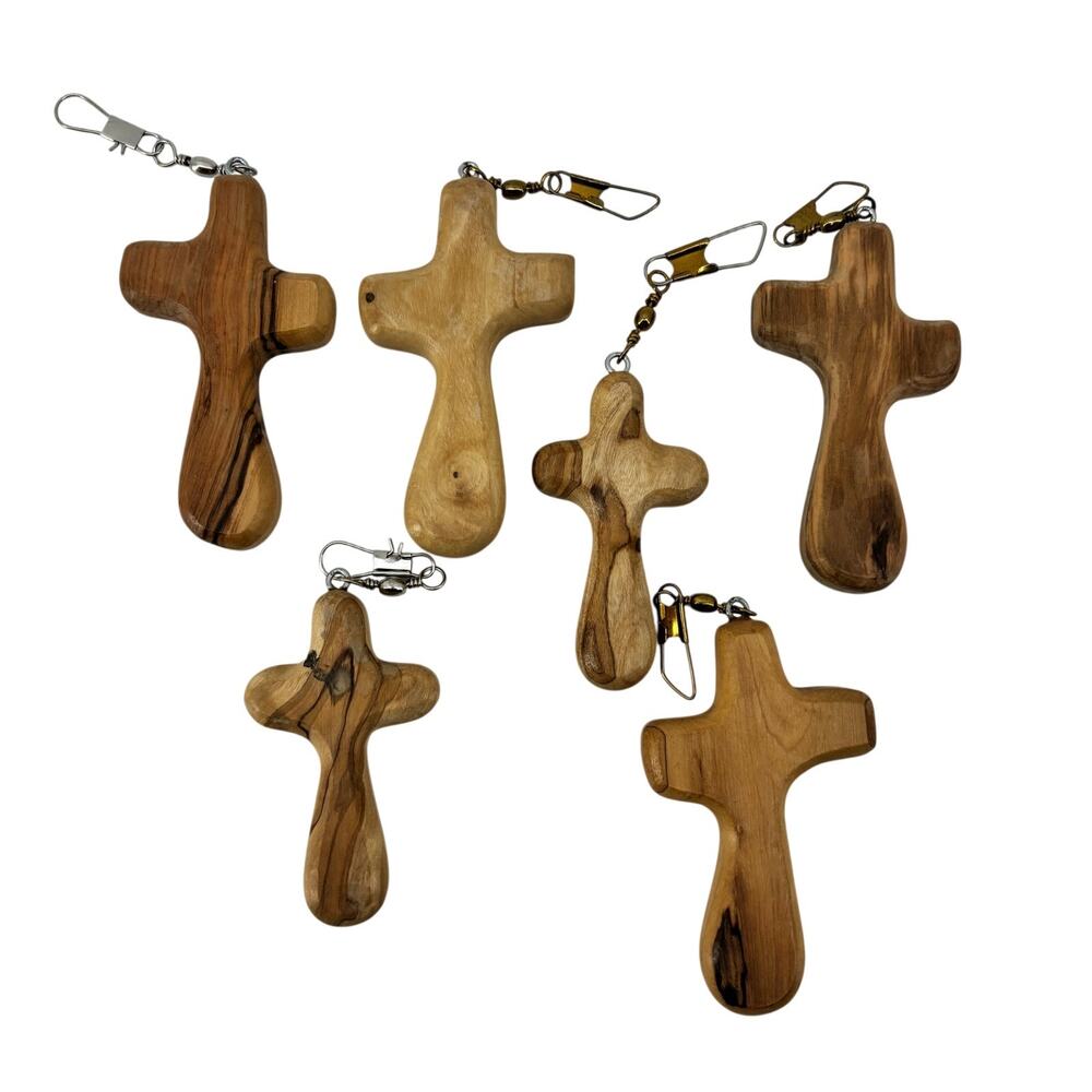 Hand Carved 6 Comfort Crosses with Fish Hooks Natural Olive Wood
